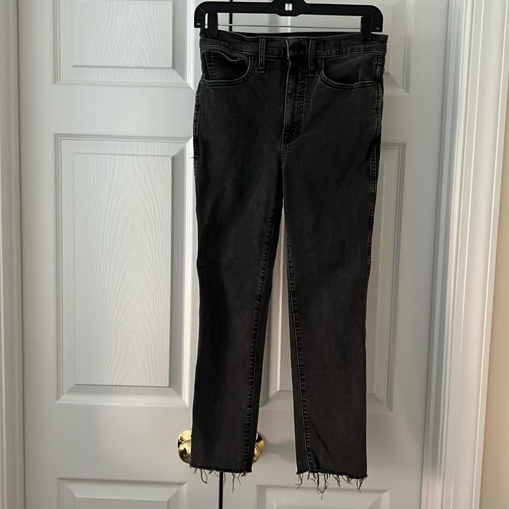 Madewell black stovepipe ankle jeans.  Unfinished hem.  Stretchy